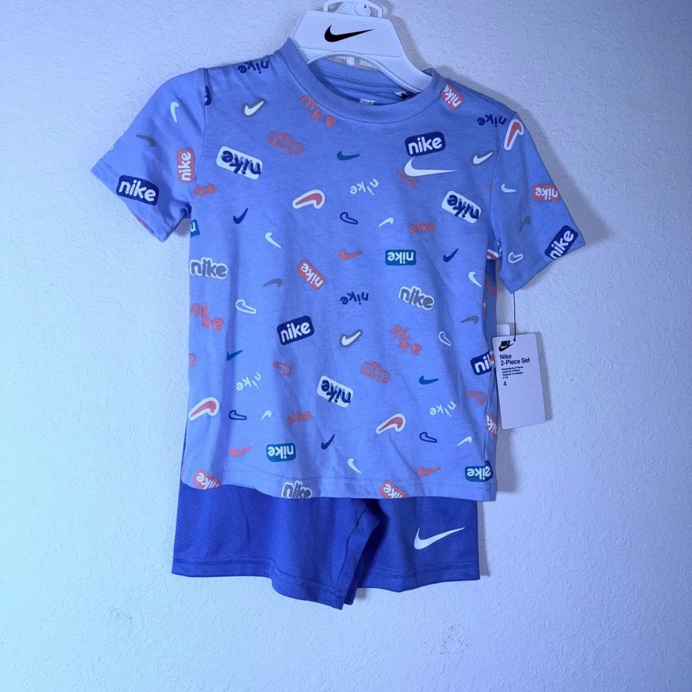 Nike 2-Piece Set 4 Blue Beyond NEW Logo Tee Mesh Shorts 86M858-UAV